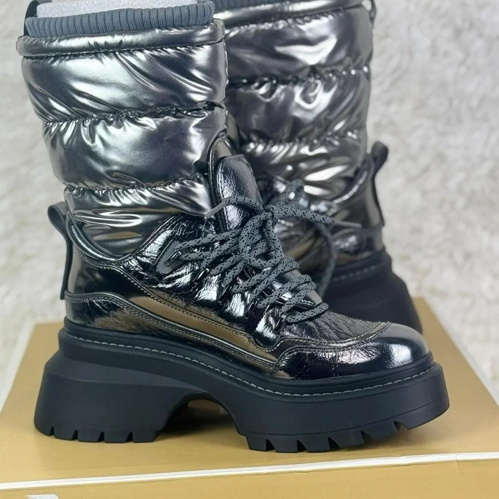 NEW Michael Kors Shiloh Metallic Gunmetal Platform Boots – Size 7 SHINY Grunge